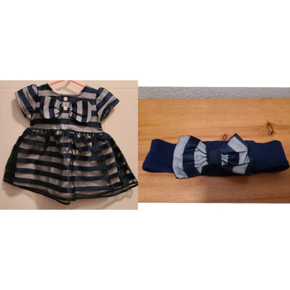 Wendy Bellissimo Blue Striped Overlay Girls Dress/Bow Headband Combo Sz 6 Mos